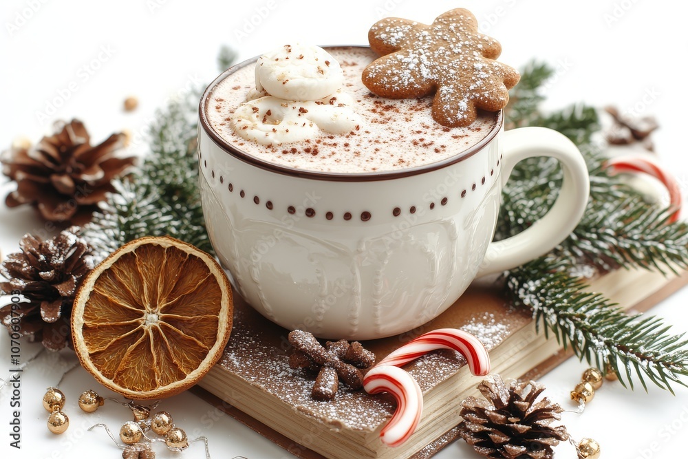 Hot cocoa mug with gingerbread, candy canes, and orange slices spilling over, surrounded by Christmas decorations and evergreen branches. Hot cocoa mug with gingerbread, candy canes, and orange slices spilling over, surrounded by Christmas decorations and evergreen branches.