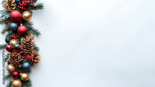 Christmas background with spruce branches, colorful balls, mistletoe, and pine cones on a white background on a side