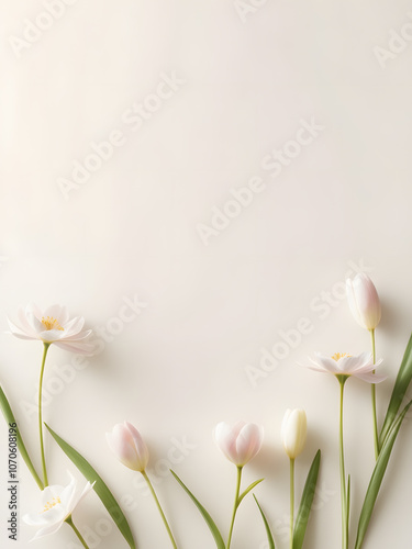 Delicate spring tulips gracefully arranged on a soft neutral backdrop, showcasing their gentle beauty and elegance in natural light