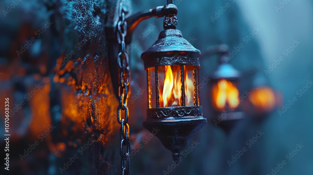 Glowing Metal Lantern on Stone Wall Night Scene Glowing Metal Lantern on Stone Wall Night Scene