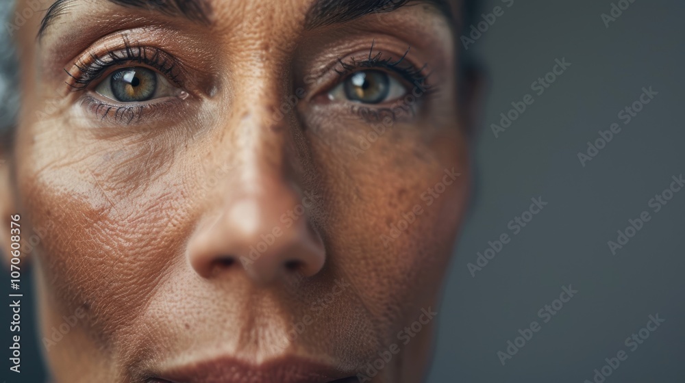 Close-up portrait of a confident senior woman showcasing natural beauty, skincare, and wellness in a studio setting, highlighting makeup and mature features Close-up portrait of a confident senior woman showcasing natural beauty, skincare, and wellness in a studio setting, highlighting makeup and mature features