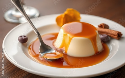 A creamy panna cotta with caramel sauce and a cinnamon stick, ready to be enjoyed photo