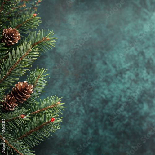 Christmas background with natural spruce branches and pine cones and copy space