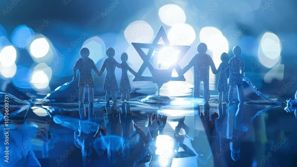 A group of people holding hands around a small Jewish star of David. Concept of unity and togetherness, as the people are all connected by the same symbol. The blue background adds a calming