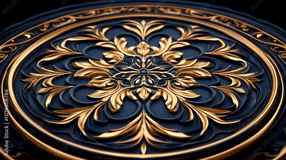 Obraz premium Luxury Gold Black Ornate Mandala Design Decorative Round Panel 3D Render