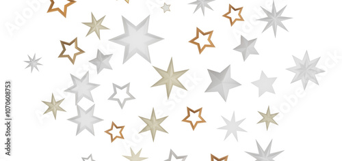 A graphic design featuring an abstract pattern of stars in various shades of white, gold, and silver on a black background.