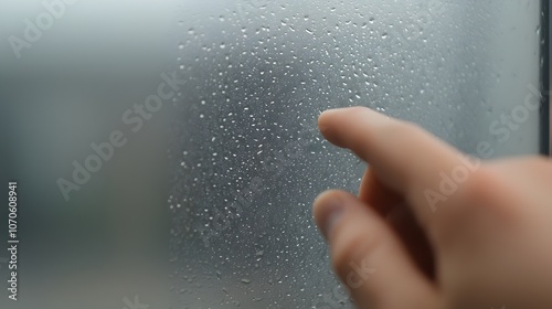 Intimate Moment of Reflection - Finger Pressing Against Fogged-Up Bathroom Mirror with Steam Rising Evoking Serenity and Privacy in a Cozy Setting photo