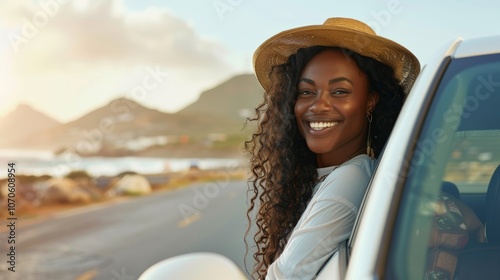 Summer road trip adventure with a black woman enjoying the freedom of the open car window. A joyful portrait of a young female driver on a journey through the countryside photo