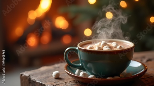 Steaming mug of hot chocolate with marshmallows in front of a cozy fireplace, creating a warm and festive atmosphere. Concept of winter comfort and holiday relaxation. Design for greeting card, invita