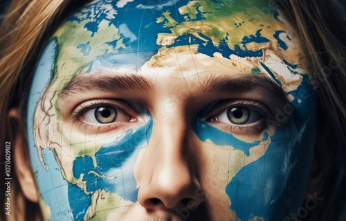 Young man showing world map painted on face symbolizing global awareness