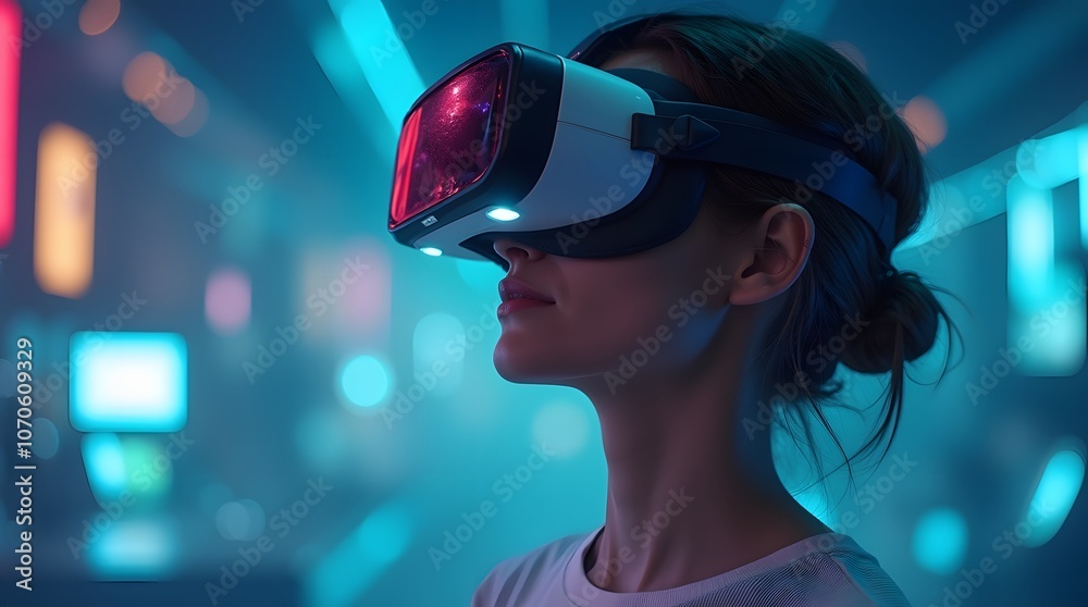 Woman using VR headset in a neon-lit futuristic space with glowing blue and pink lights. Concept of virtual reality technology and immersive gaming. Design for wallpaper, banner, poster Woman using VR headset in a neon-lit futuristic space with glowing blue and pink lights. Concept of virtual reality technology and immersive gaming. Design for wallpaper, banner, poster