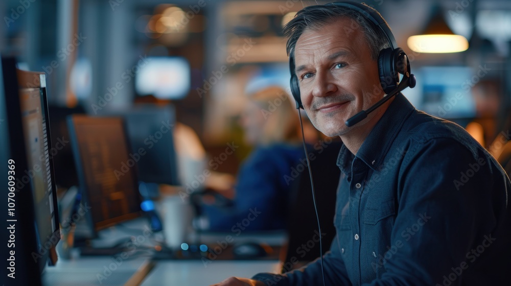 Portrait of a smiling mature man in a professional setting, engaged in customer service and support as a telemarketer or sales agent Portrait of a smiling mature man in a professional setting, engaged in customer service and support as a telemarketer or sales agent