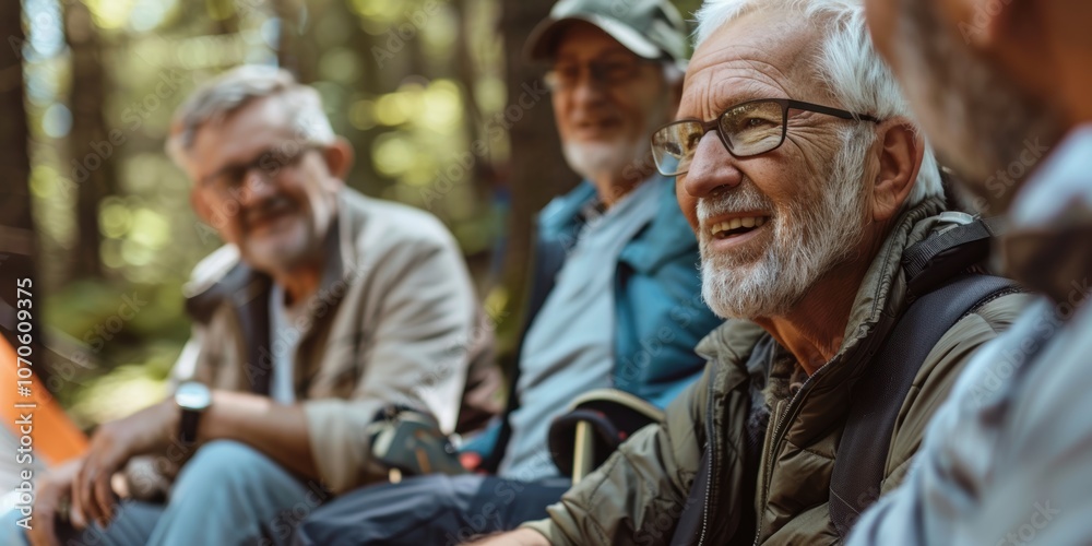 Elderly individuals enjoying a camping experience, relaxing in nature on chairs by a tent, sharing conversations and having a good time in the woods Elderly individuals enjoying a camping experience, relaxing in nature on chairs by a tent, sharing conversations and having a good time in the woods