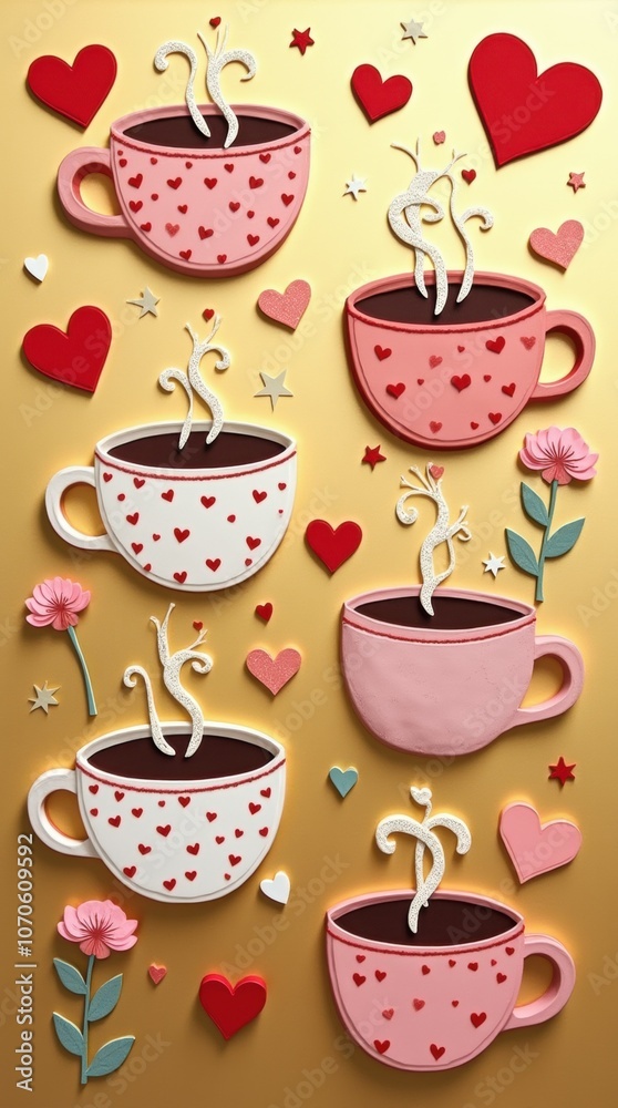 Valentines Day Coffee Cups with Hearts Pattern Design Valentines Day Coffee Cups with Hearts Pattern Design