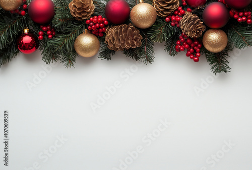 Christmas background with spruce branches, red and gold balls, mistletoe, and pine cones on a white background with copy space at the bottom