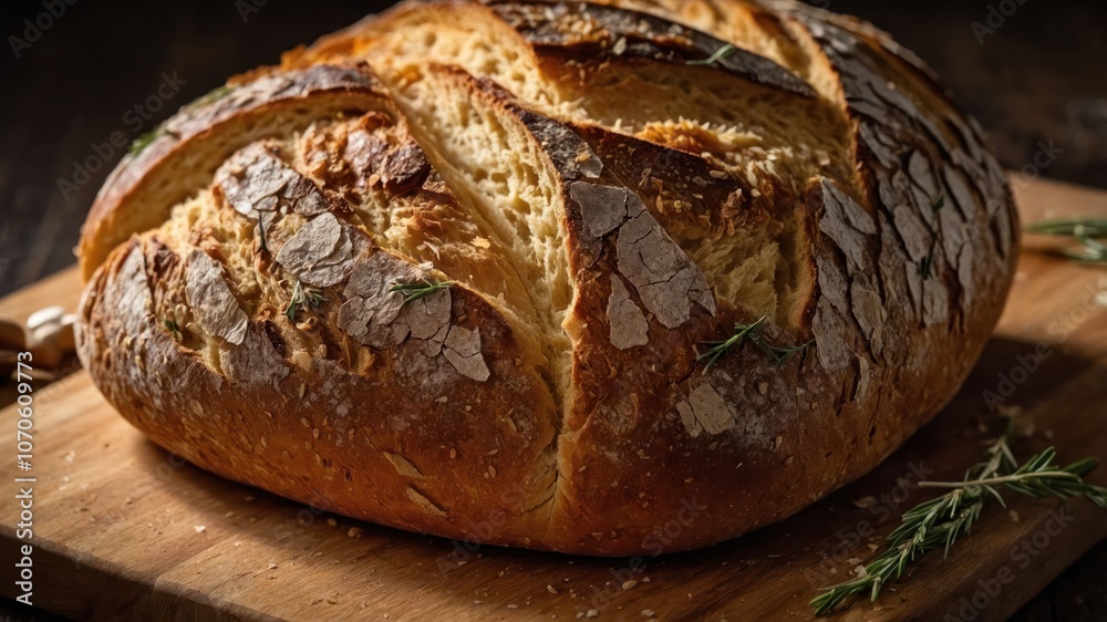 A freshly baked loaf of bread with a crusty exterior on a wooden cutting board. A freshly baked loaf of bread with a crusty exterior on a wooden cutting board.