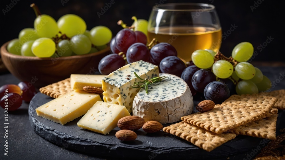 A cheese platter with grapes, nuts, and a glass of wine, perfect for a gathering or celebration. A cheese platter with grapes, nuts, and a glass of wine, perfect for a gathering or celebration.
