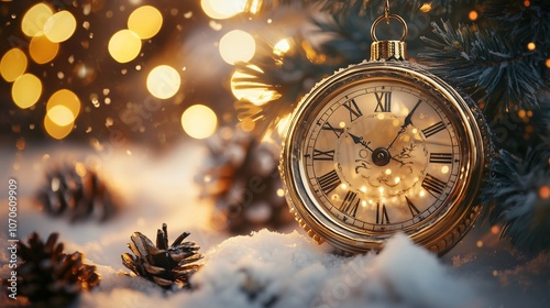 Christmas clock showing almost midnight with pine cones and golden lights