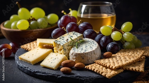 A cheese platter with grapes, nuts, and a glass of wine, perfect for a gathering or celebration.