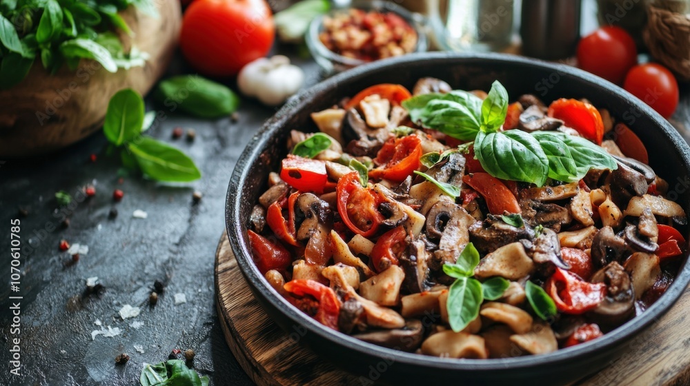 Italian pasta with champignons, tomatoes and basil in a pan - Generated AI Italian pasta with champignons, tomatoes and basil in a pan - Generated AI