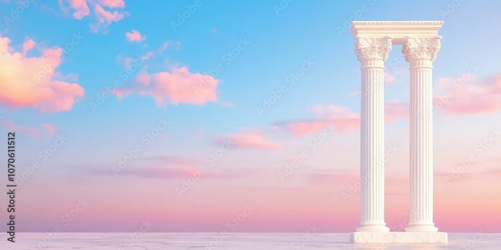 A serene landscape featuring elegant white columns against a pastel sky, evoking a sense of beauty and tranquility.