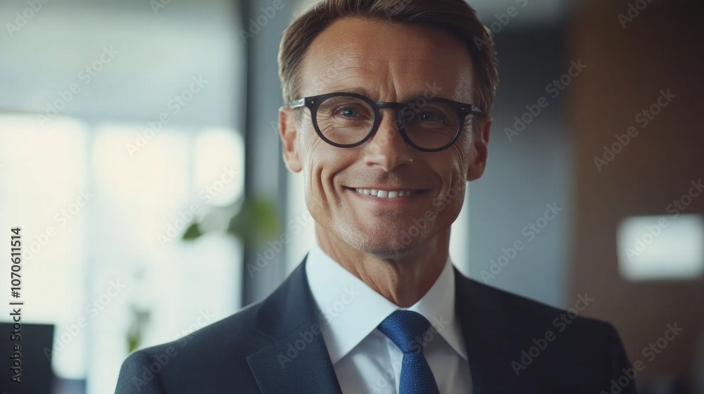 A man wearing a suit and glasses is smiling A man wearing a suit and glasses is smiling