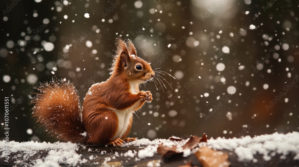 Squirrel in the winter forest on a background of falling snow. - Generated AI Squirrel in the winter forest on a background of falling snow. - Generated AI