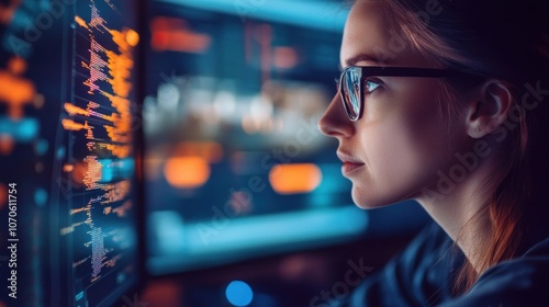 Side view of young woman in eyeglasses looking at monitor with stock market data - Generated AI