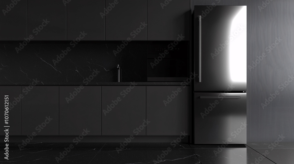 Modern fridge in sleek black kitchen with dark cabinetry and marble floor. minimalist design creates sophisticated atmosphere, perfect for contemporary living
