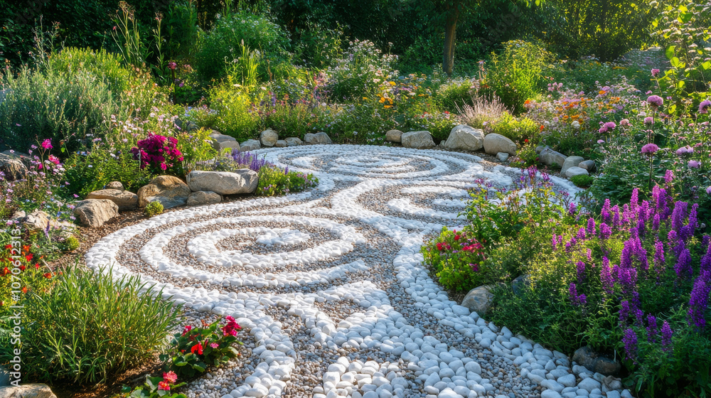 Holistic therapy garden with labyrinth paths of white stones, vibrant flowers and plants exuding a calming aroma, patients walking barefoot for grounding Holistic therapy garden with labyrinth paths of white stones, vibrant flowers and plants exuding a calming aroma, patients walking barefoot for grounding