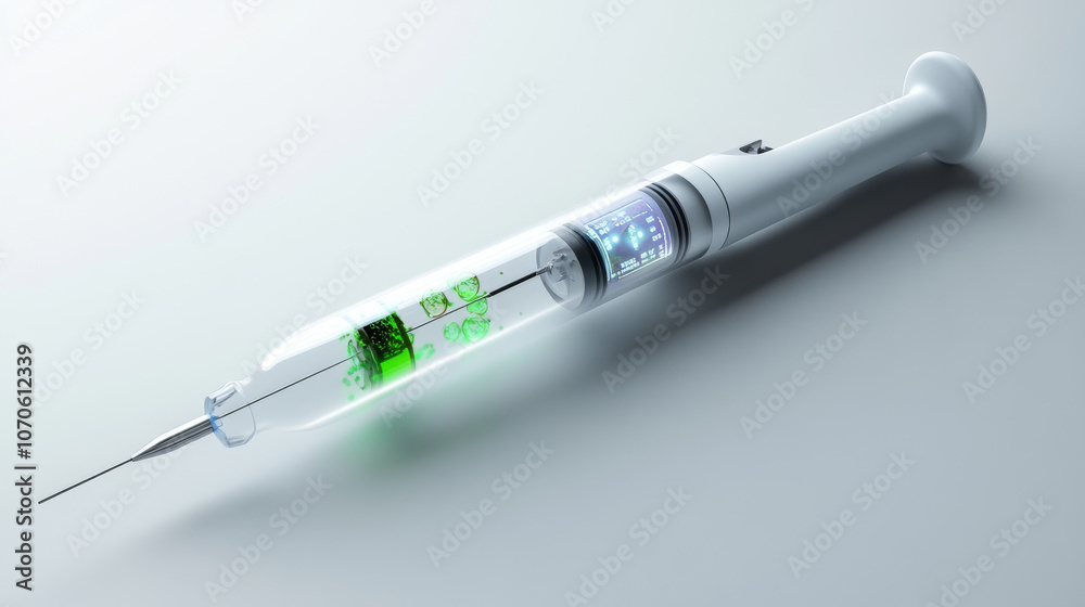 Holo-syringe with transparent digital display, showing real-time molecular breakdown of injected substances, sleek ergonomic handle Holo-syringe with transparent digital display, showing real-time molecular breakdown of injected substances, sleek ergonomic handle