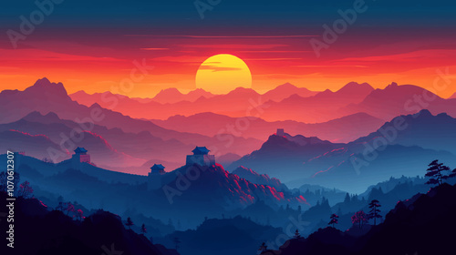 Splendid landscapes the Great Wall, Yellow Rivers, National Day holiday poster background. Peaceful mountain landscape with sunset, lake, and trees, minimalist nature illustration.