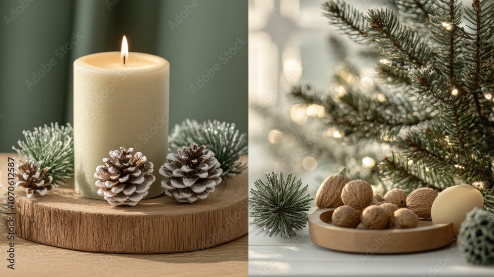 A Cozy Winter Scene with a Candle, Pine Cones, and Nuts A Cozy Winter Scene with a Candle, Pine Cones, and Nuts