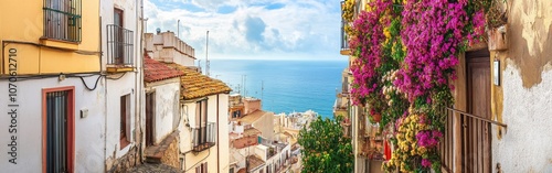 A picturesque stroll through the charming old town of Ceuta with narrow cobblestone streets and vibrant flowers overlooking the Mediterranean Sea