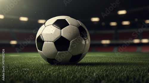 a soccer ball lies on the green grass of a football field, the stadium stands are visible from behind