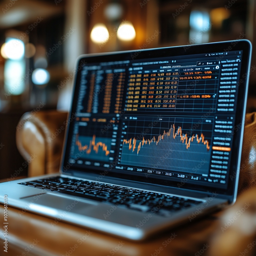 Cryptocurrency Trading on Laptop with Stock Chart and Data