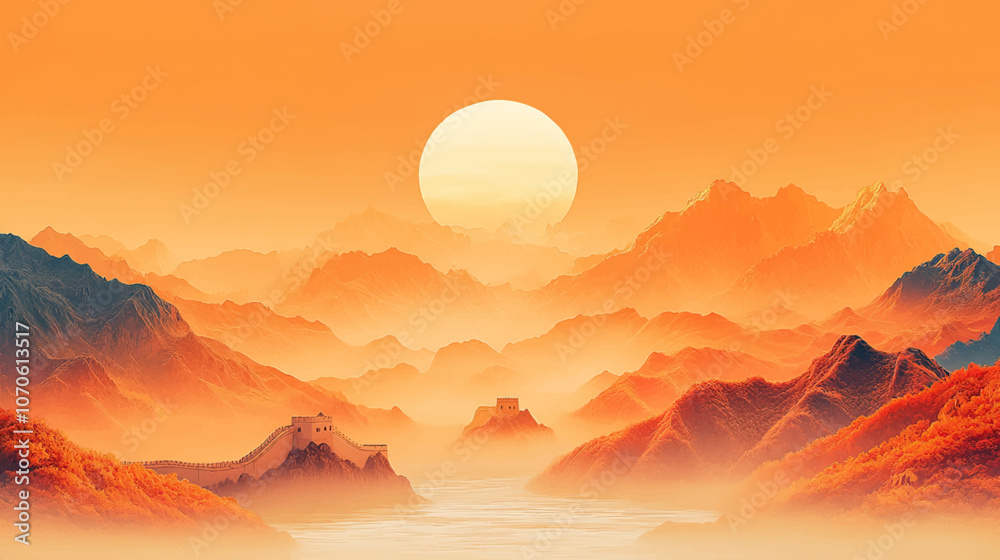 Fototapeta premium Splendid landscapes the Great Wall, Yellow Rivers, National Day holiday poster background. Peaceful mountain landscape with sunset, lake, and trees, minimalist nature illustration.