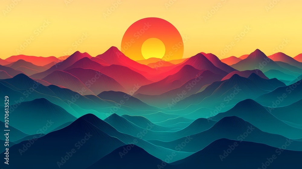 Vibrant Sunset Over Colorful Mountain Ranges Artistic Landscape Illustration Vibrant Sunset Over Colorful Mountain Ranges Artistic Landscape Illustration