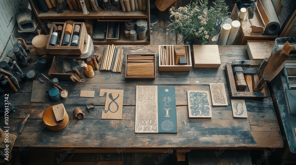 Creative Workspace with Crafting Materials and Tools Creative Workspace with Crafting Materials and Tools