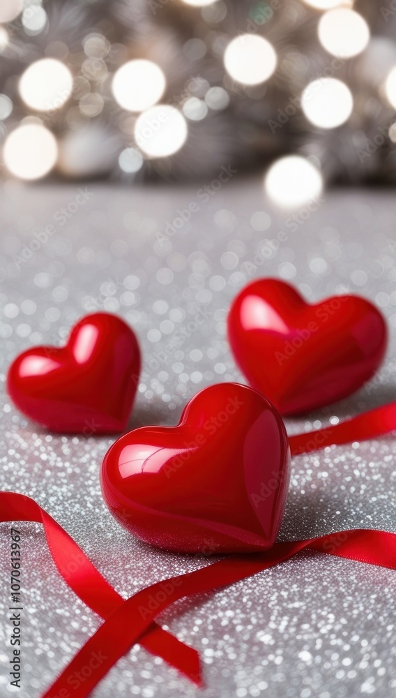 Fototapeta premium Valentines day party flyer with red heart and ribbon on silver bokeh background. Copy space backdrop