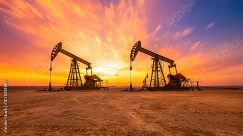 Two oil pumps stand silhouetted against a vibrant sunset, highlighting the energy industry's impact on nature and the environment.