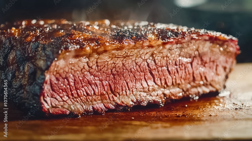 A close-up view of a perfectly cooked, juicy grilled brisket with a charred crust, its tender texture and rich color. A close-up view of a perfectly cooked, juicy grilled brisket with a charred crust, its tender texture and rich color.