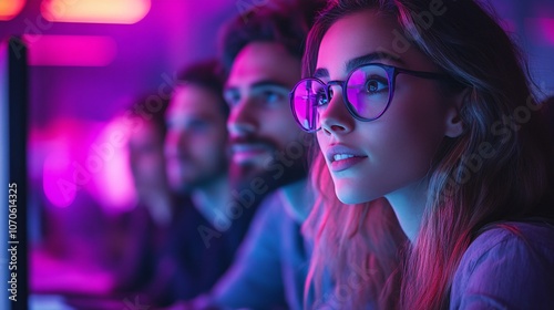 Young Woman Focused on Computer Screen in Neon Light