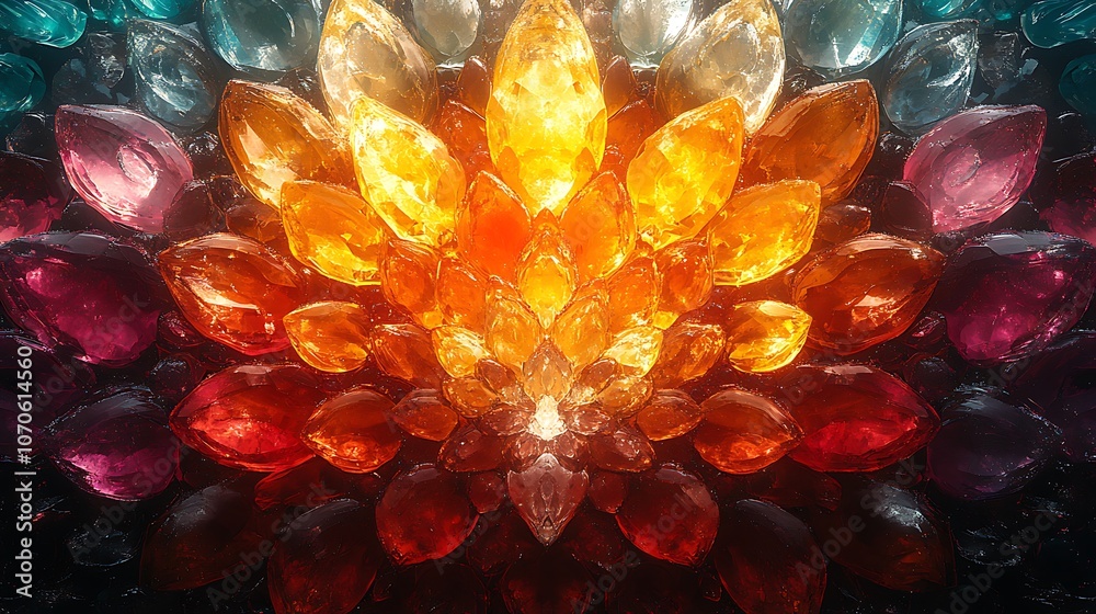 Abstract background of colorful, glowing, multifaceted gemstones, arranged in a symmetrical pattern with a central focus.