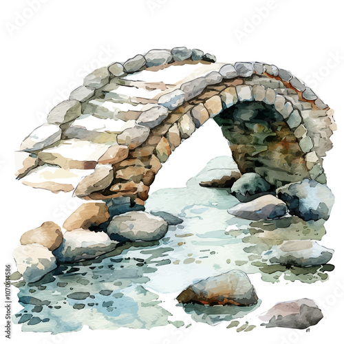 A watercolor vector of a stone bridge, isolated on a white background.