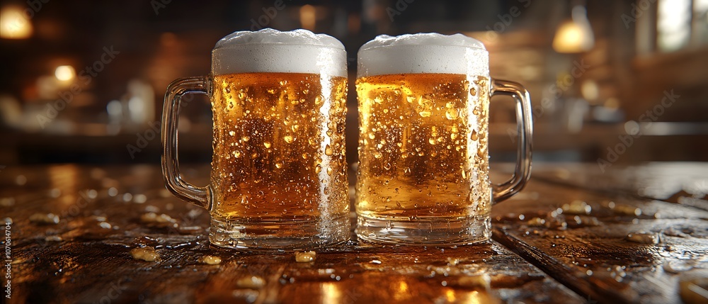 Two frosty beer mugs filled with golden beer sit on a wooden table in a pub. The warm ambient lighting create a relaxed, inviting atmosphere. perfect for social moments of leisure with friends. Two frosty beer mugs filled with golden beer sit on a wooden table in a pub. The warm ambient lighting create a relaxed, inviting atmosphere. perfect for social moments of leisure with friends.