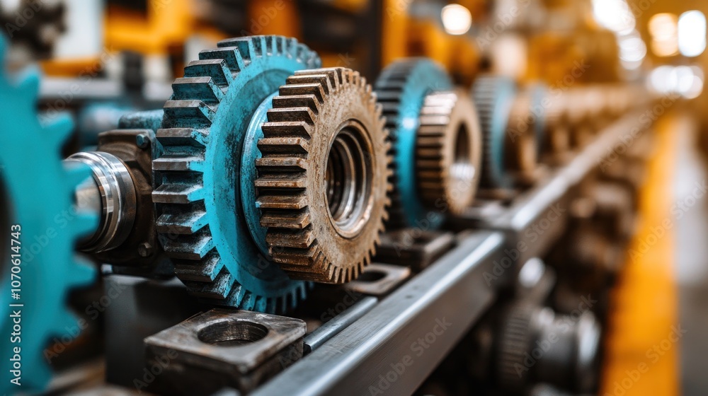 Close-up of gears in a factory setting. Close-up of gears in a factory setting.