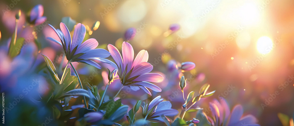 Obraz premium close up of Scaevola fan flowers, showcasing their unique fan shaped petals in vibrant garden setting. soft sunlight creates warm, enchanting atmosphere