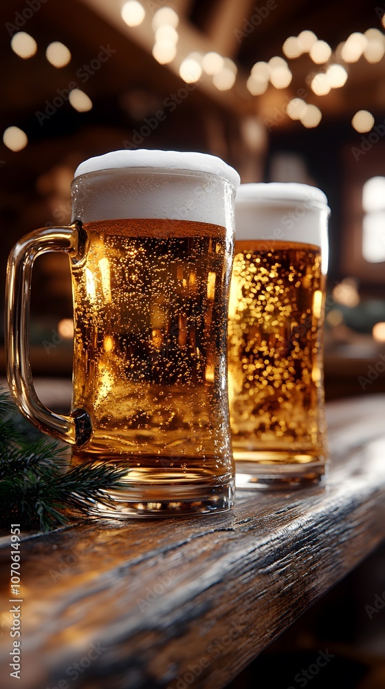 Two frosty beer mugs filled with golden beer sit on a wooden table in a pub. The warm ambient lighting create a relaxed, inviting atmosphere. perfect for social moments of leisure with friends. Two frosty beer mugs filled with golden beer sit on a wooden table in a pub. The warm ambient lighting create a relaxed, inviting atmosphere. perfect for social moments of leisure with friends.