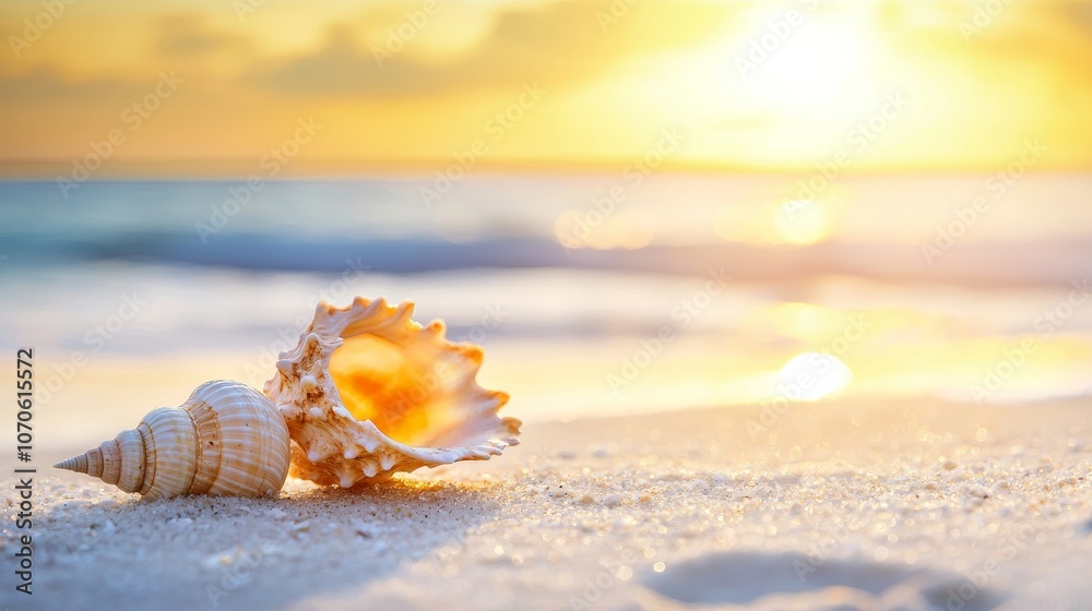 An exotic beachscape at sunrise with shimmering waves and scattered seashells An exotic beachscape at sunrise with shimmering waves and scattered seashells